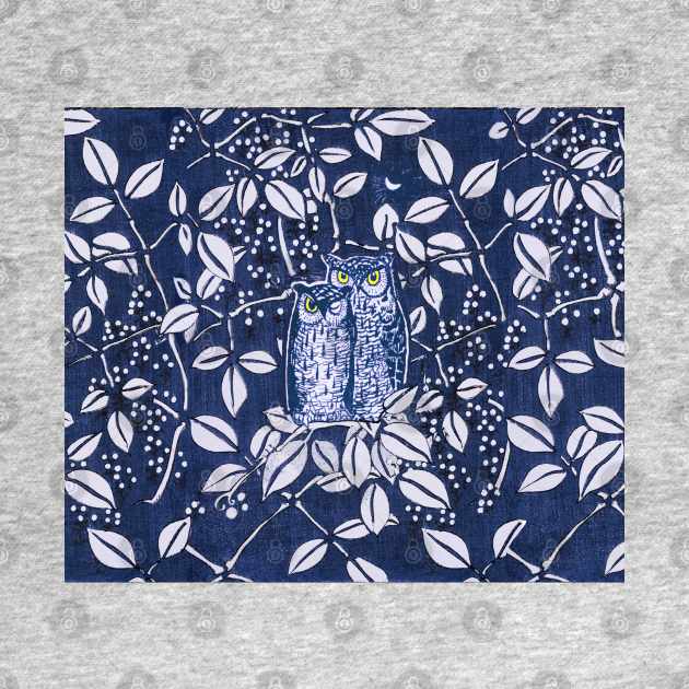 NIGHT OWLS AMONG WHITE LEAVES AND TREE BRANCHES Blue Floral by BulganLumini